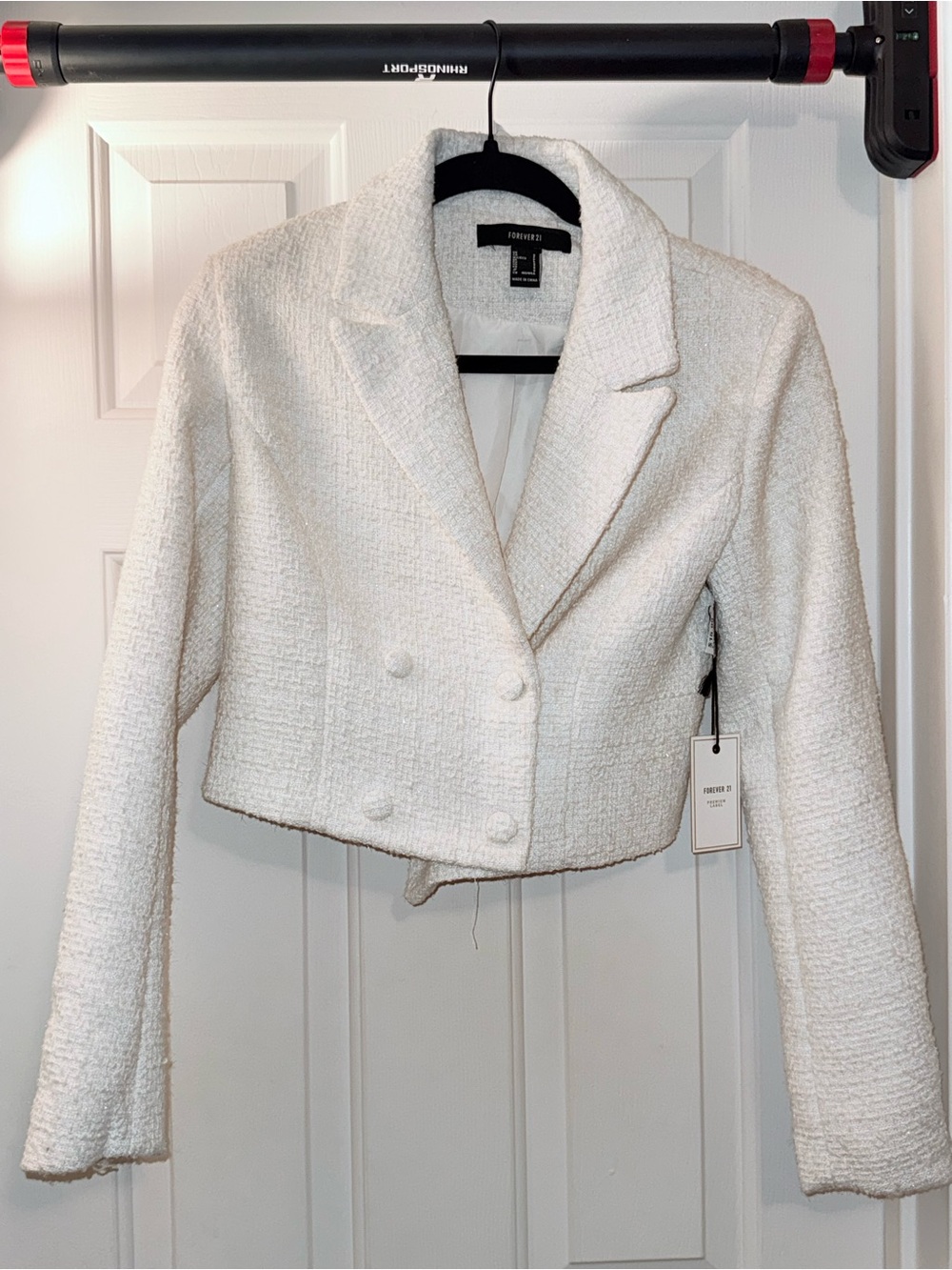 Forever 21 Cream Cropped Tweed Double-Breasted Blazer
